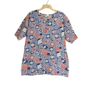 Scrub Wear Patriotic Stamps Graphic Scrub Top Womens Large American Flag V-Neck
